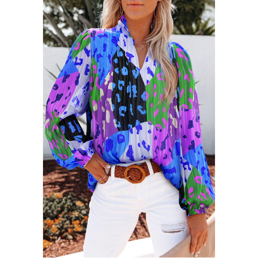 Printed Notched Long Sleeve Blouse Royal Blue / S Apparel and Accessories