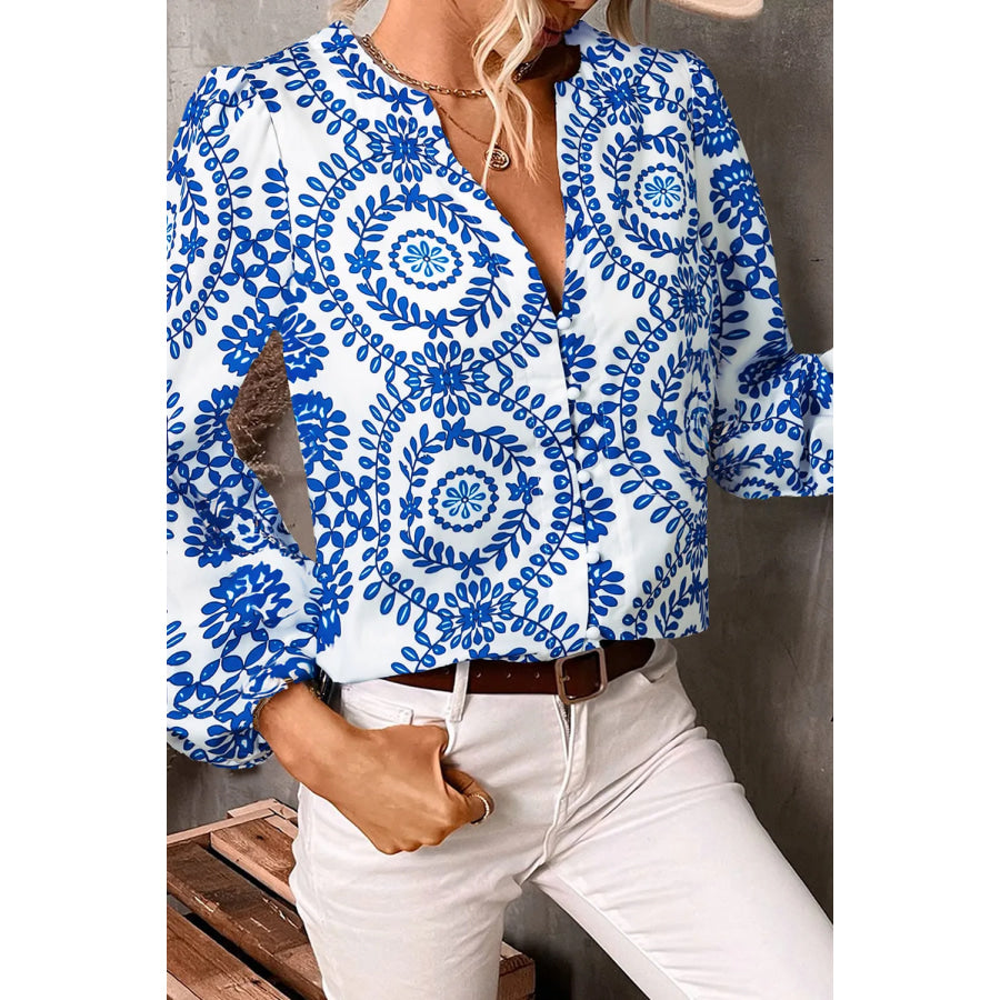 Printed Notched Long Sleeve Blouse Royal Blue / S Apparel and Accessories