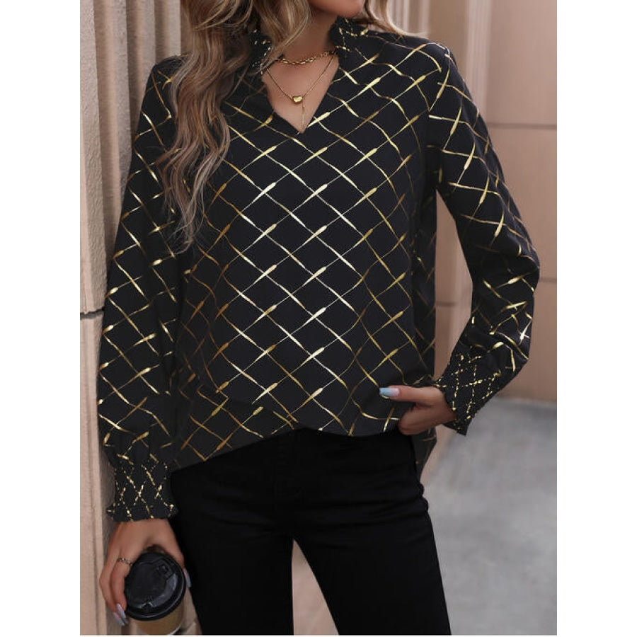 Printed Notched Long Sleeve Blouse