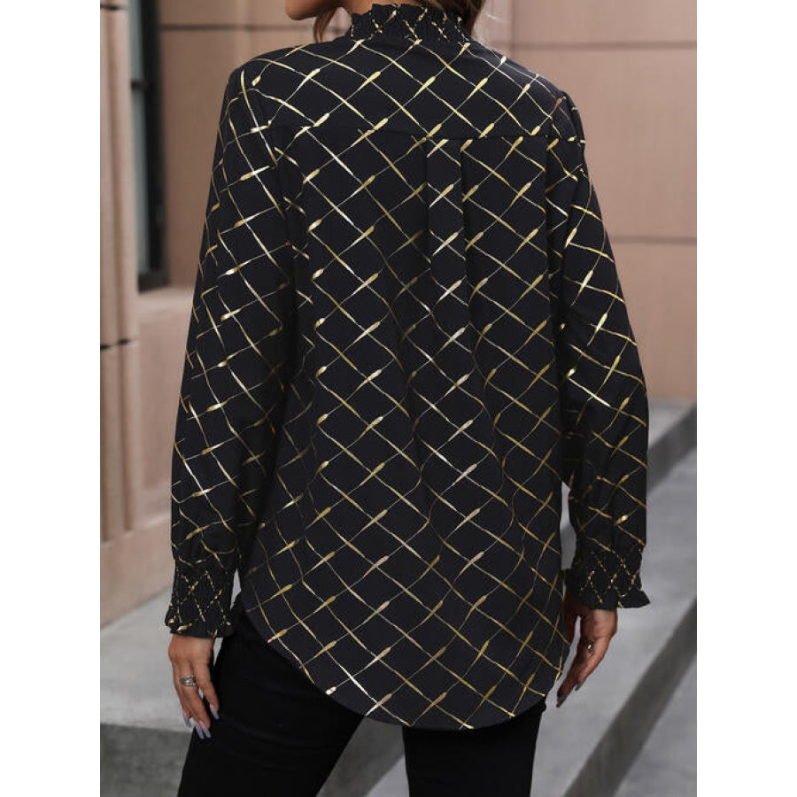 Printed Notched Long Sleeve Blouse