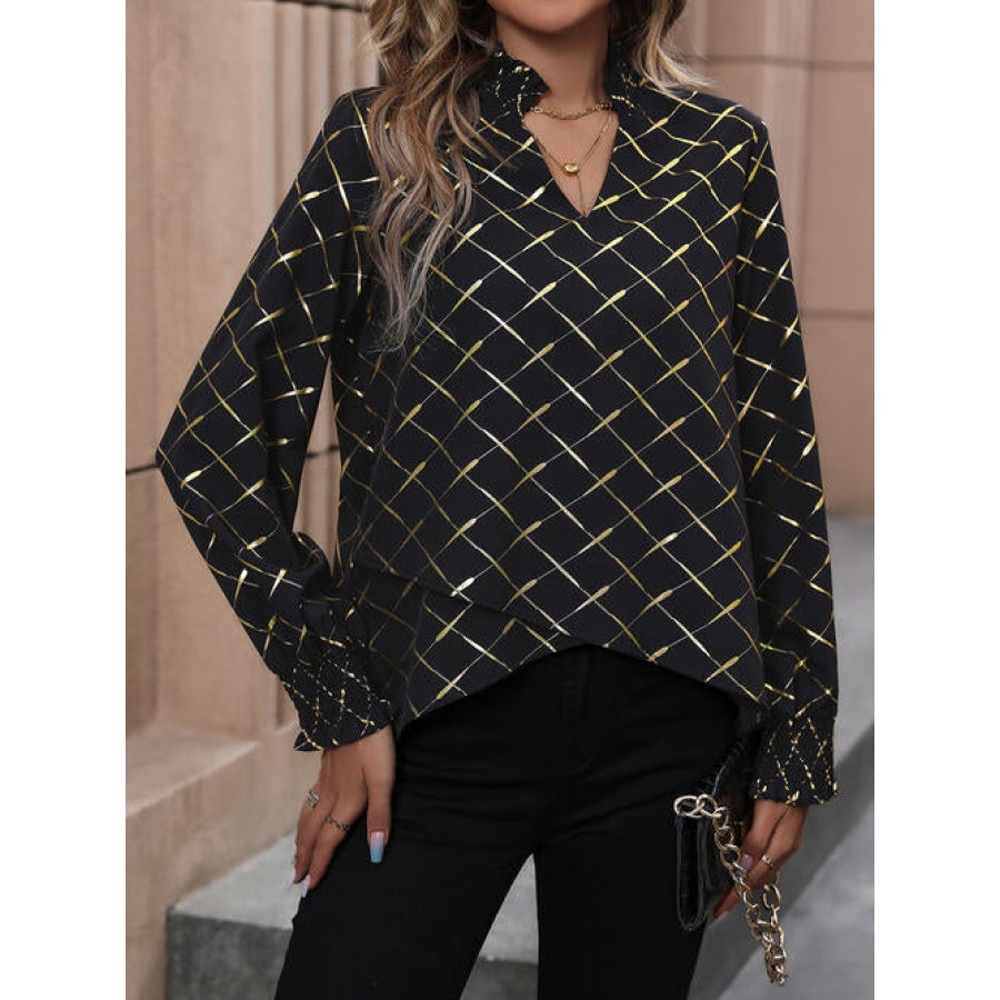 Printed Notched Long Sleeve Blouse