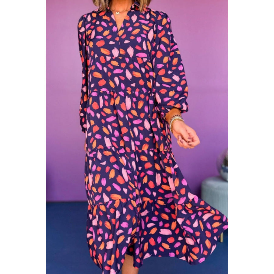 Printed Notched Long Sleeve Dress Apparel and Accessories