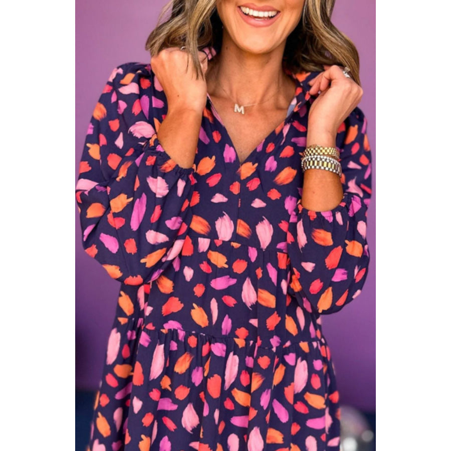 Printed Notched Long Sleeve Dress Apparel and Accessories