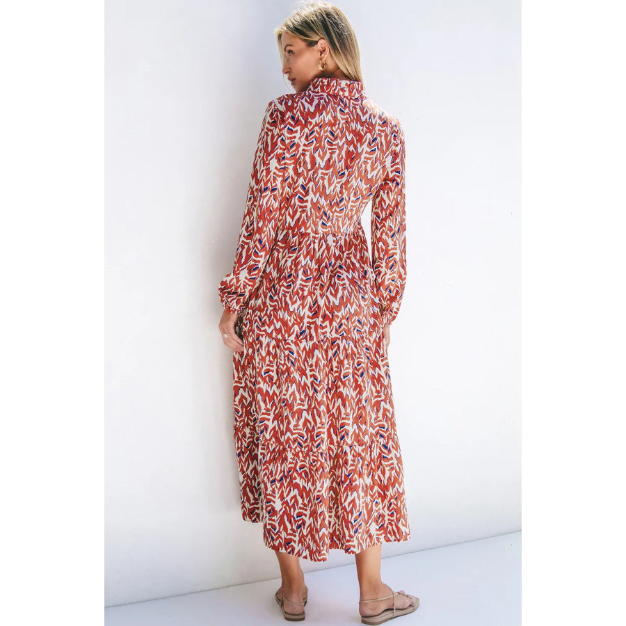 Printed Notched Long Sleeve Dress Apparel and Accessories