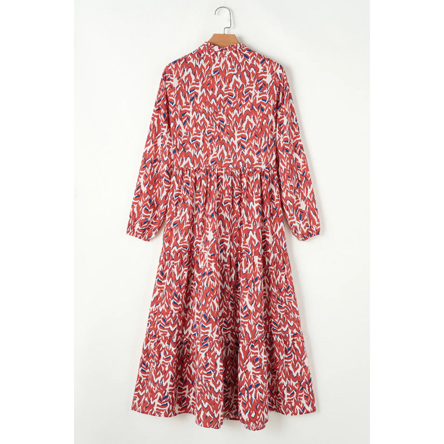 Printed Notched Long Sleeve Dress Apparel and Accessories