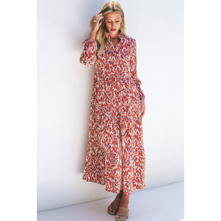 Printed Notched Long Sleeve Dress Apparel and Accessories