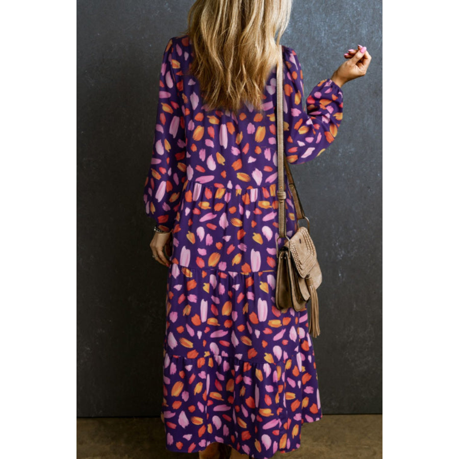 Printed Notched Long Sleeve Dress Apparel and Accessories