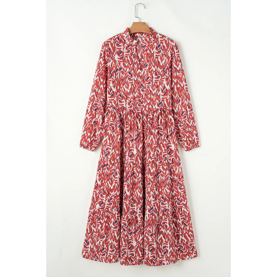 Printed Notched Long Sleeve Dress Apparel and Accessories