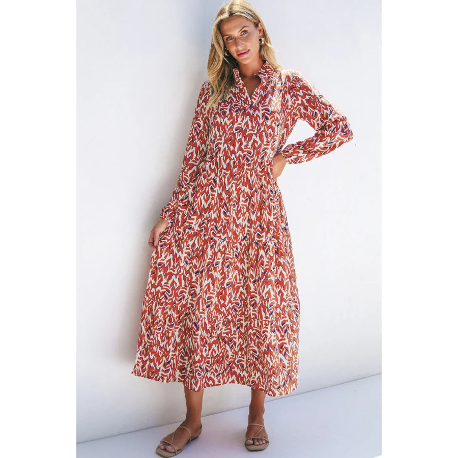 Printed Notched Long Sleeve Dress Apparel and Accessories