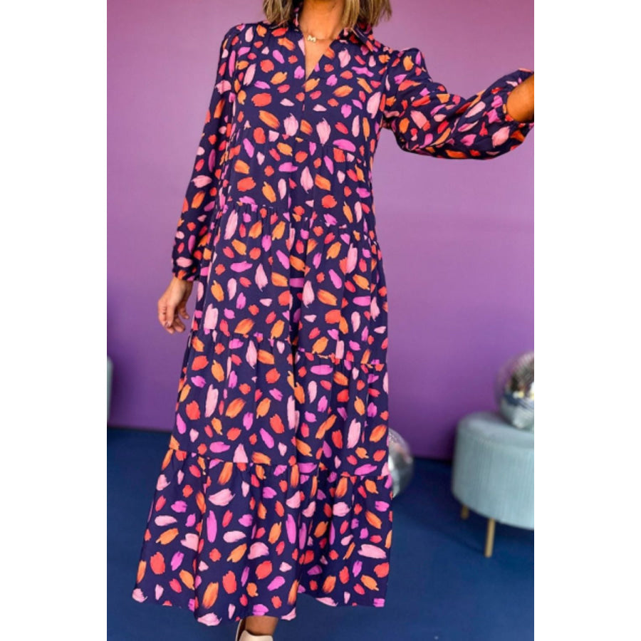 Printed Notched Long Sleeve Dress Apparel and Accessories