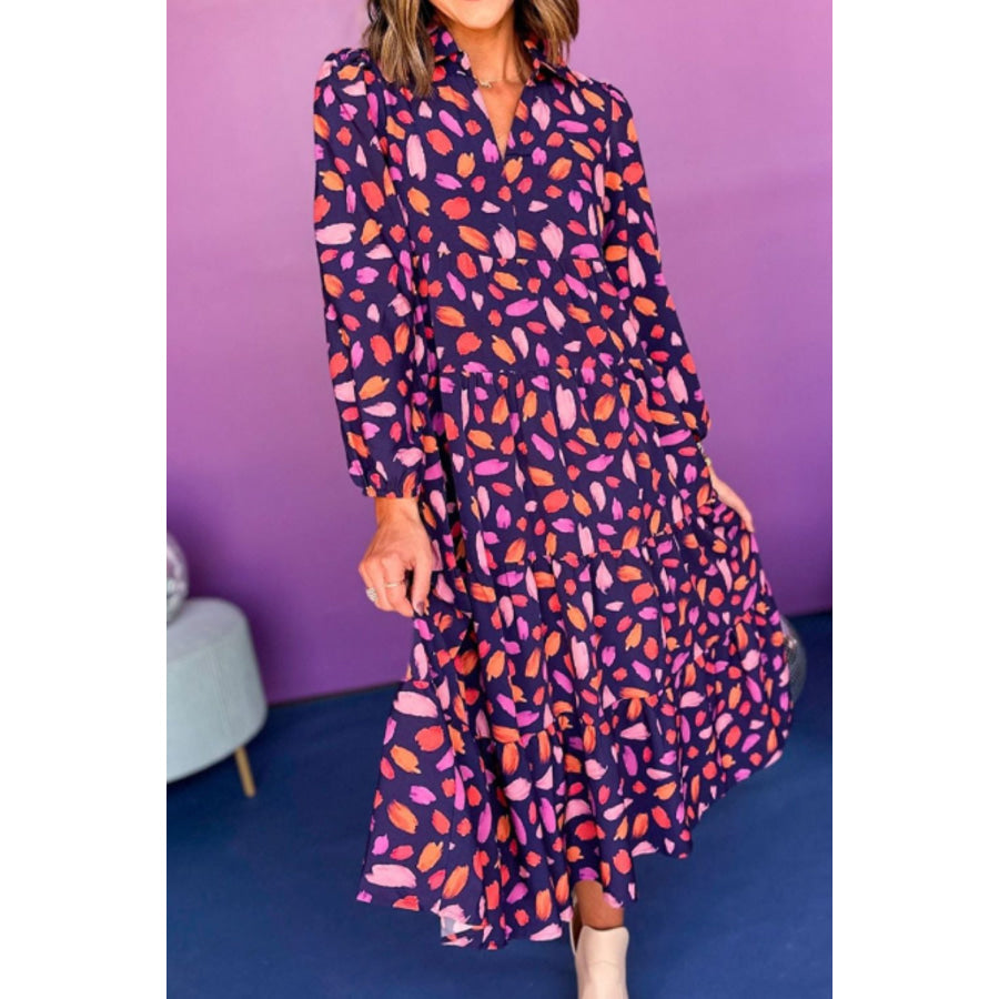 Printed Notched Long Sleeve Dress Apparel and Accessories