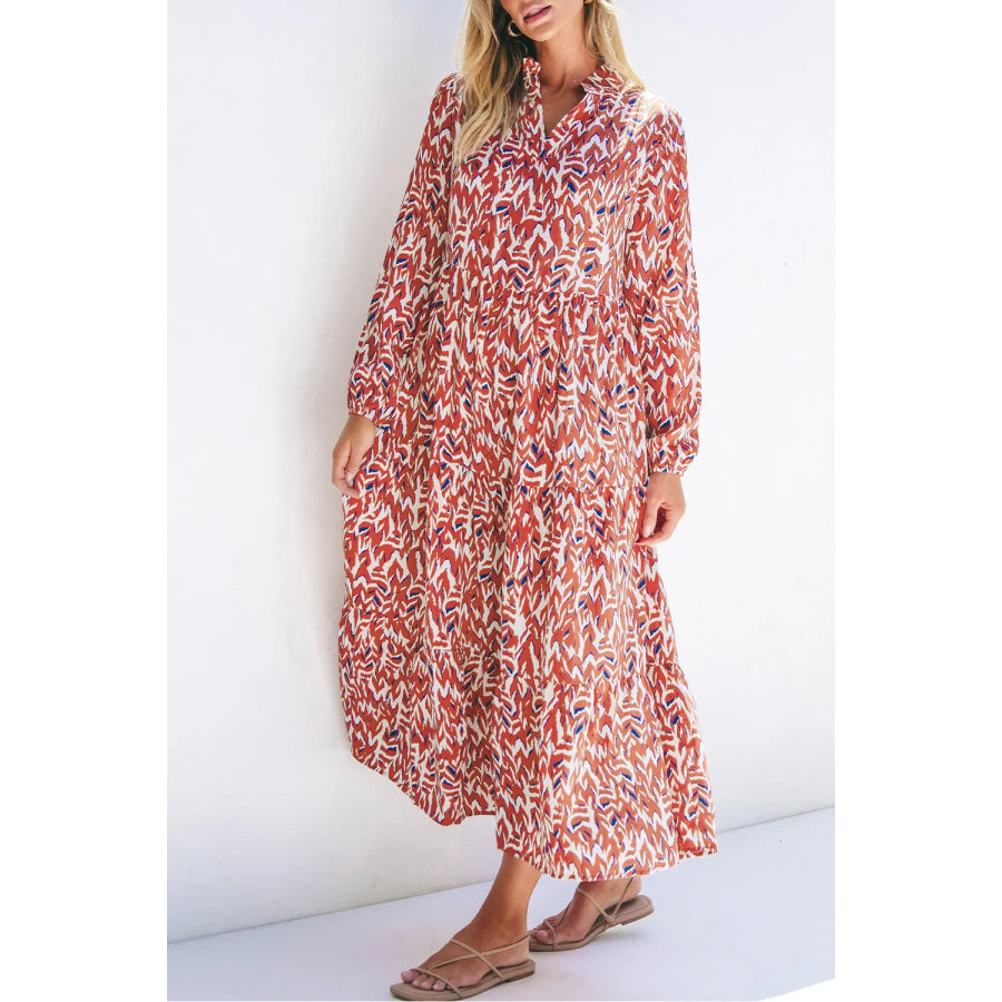 Printed Notched Long Sleeve Dress Deep Red / S Apparel and Accessories