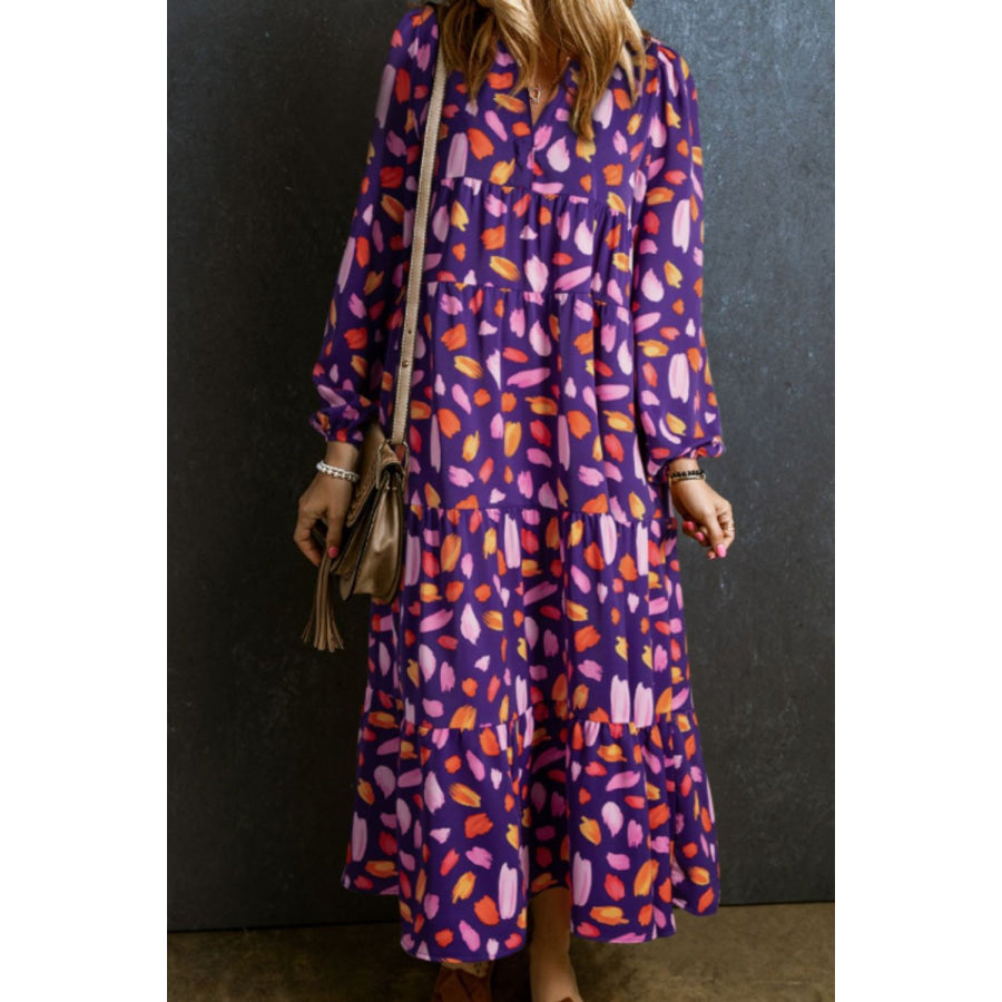 Printed Notched Long Sleeve Dress Purple / S Apparel and Accessories
