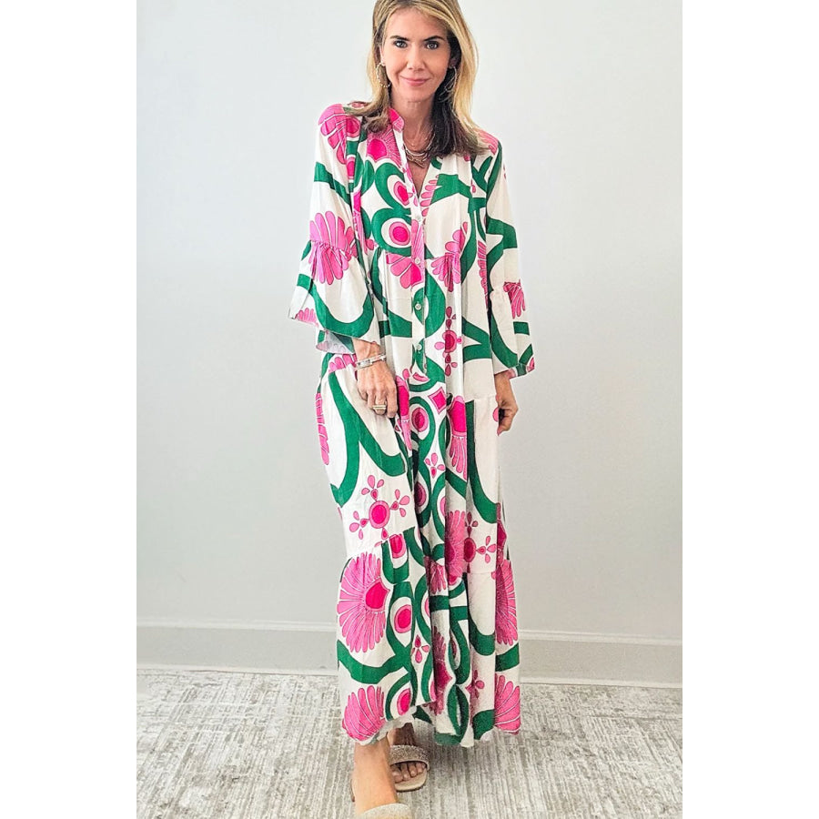 Printed Notched Long Sleeve Maxi Dress Apparel and Accessories