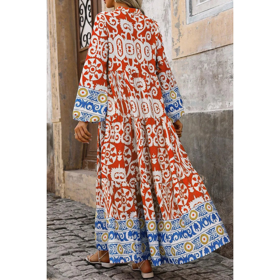 Printed Notched Long Sleeve Maxi Dress Apparel and Accessories