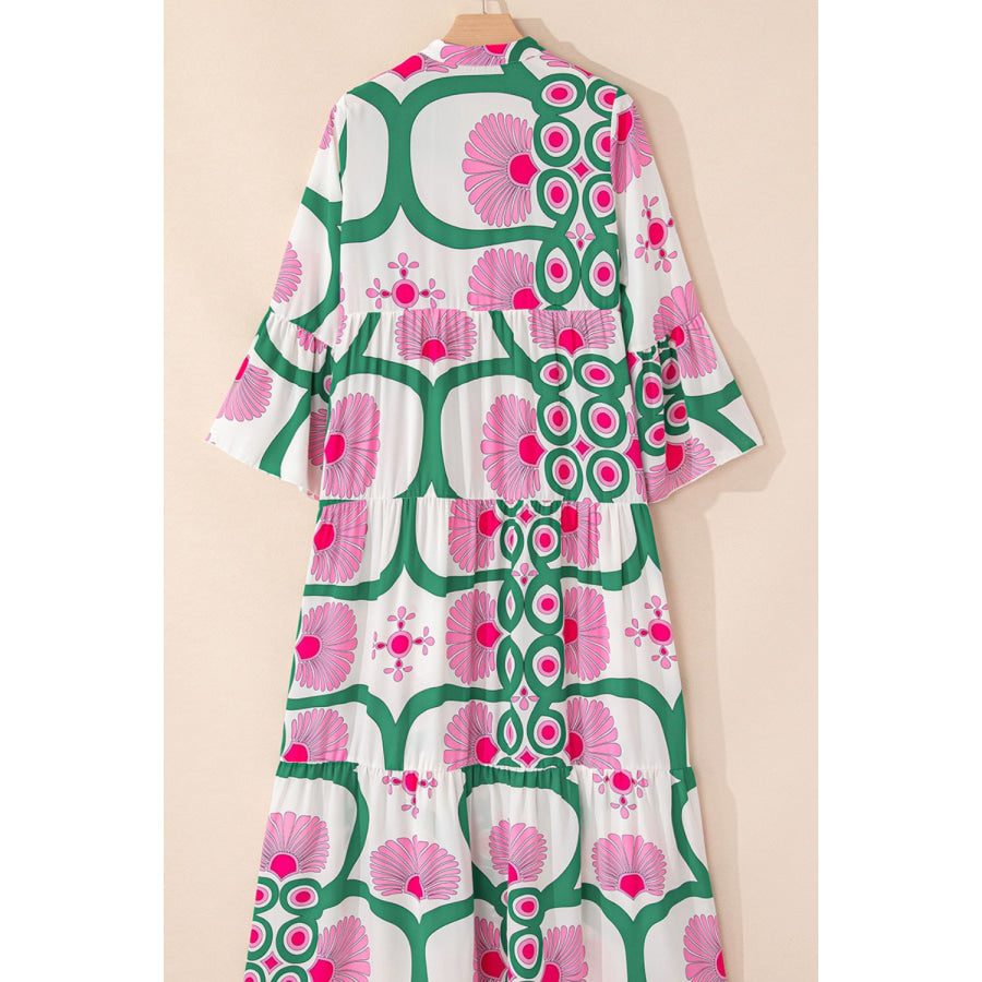 Printed Notched Long Sleeve Maxi Dress Apparel and Accessories