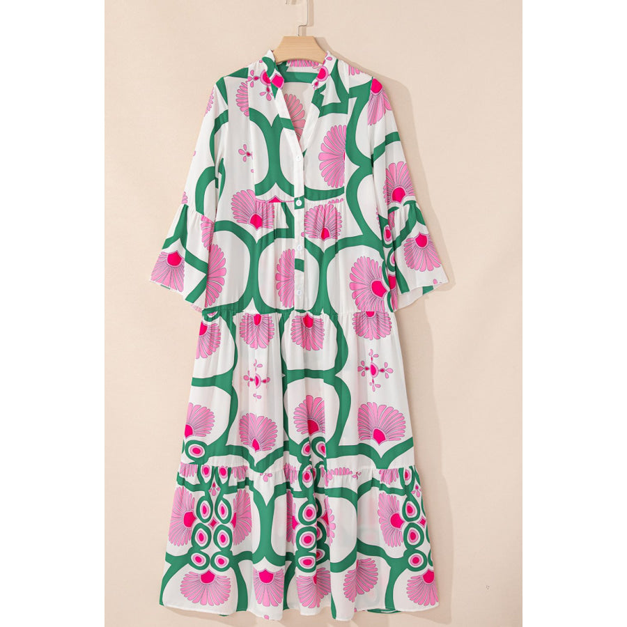 Printed Notched Long Sleeve Maxi Dress Apparel and Accessories