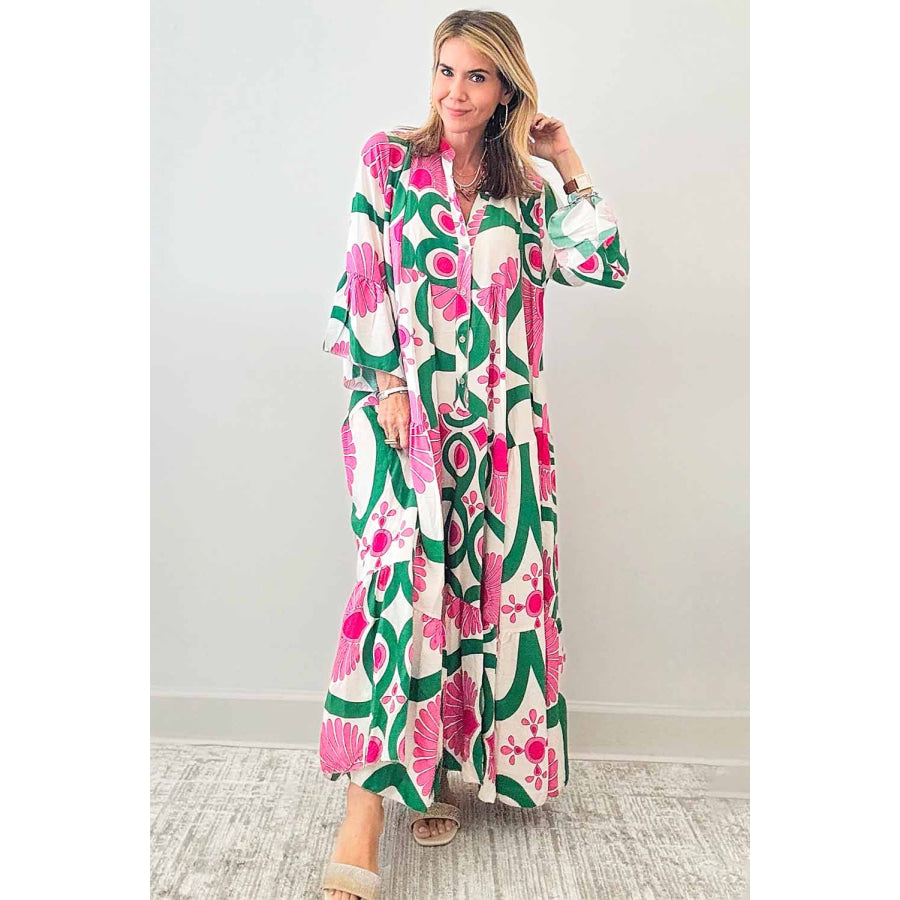 Printed Notched Long Sleeve Maxi Dress Apparel and Accessories