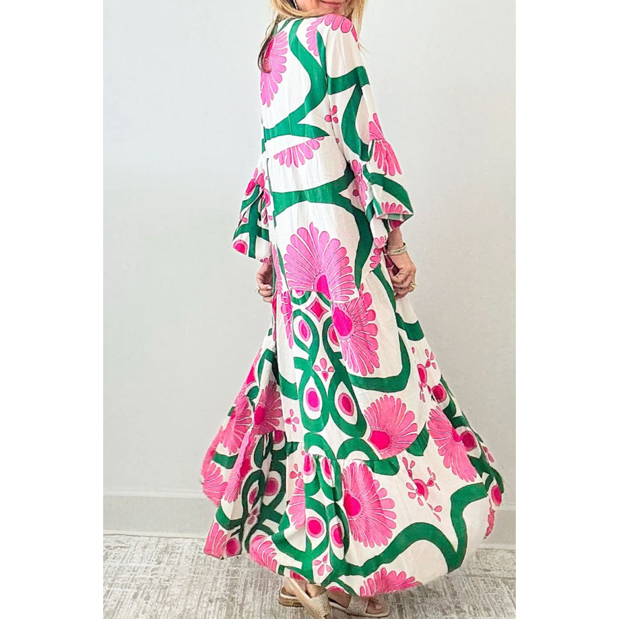 Printed Notched Long Sleeve Maxi Dress Apparel and Accessories