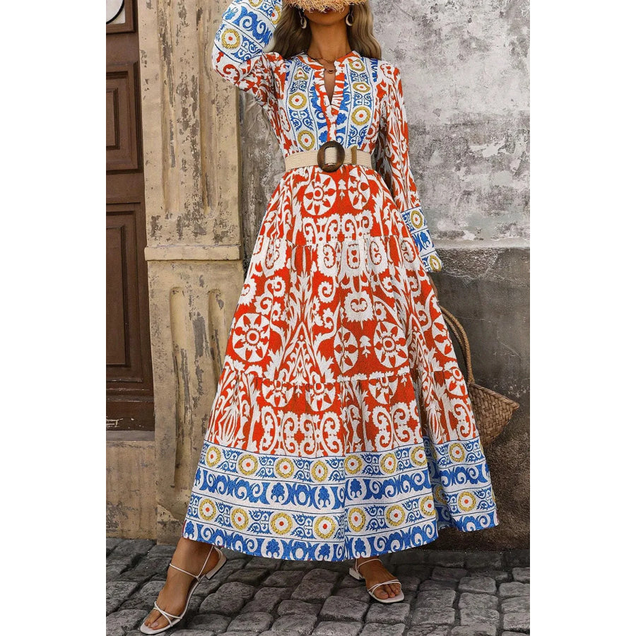 Printed Notched Long Sleeve Maxi Dress Apparel and Accessories