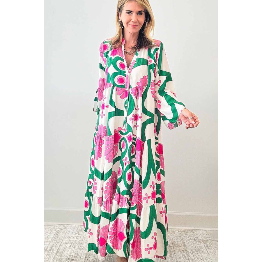 Printed Notched Long Sleeve Maxi Dress Apparel and Accessories