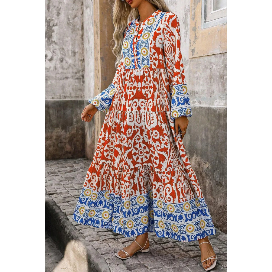 Printed Notched Long Sleeve Maxi Dress Apparel and Accessories