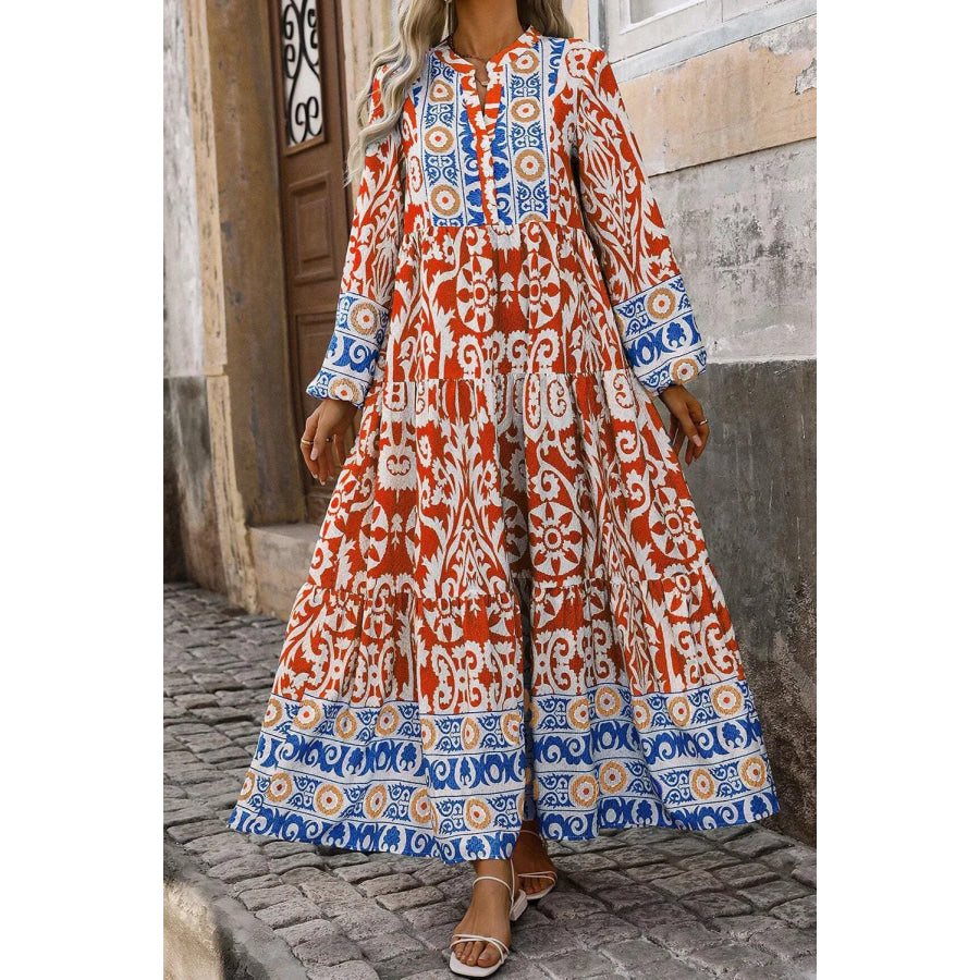 Printed Notched Long Sleeve Maxi Dress Orange / S Apparel and Accessories