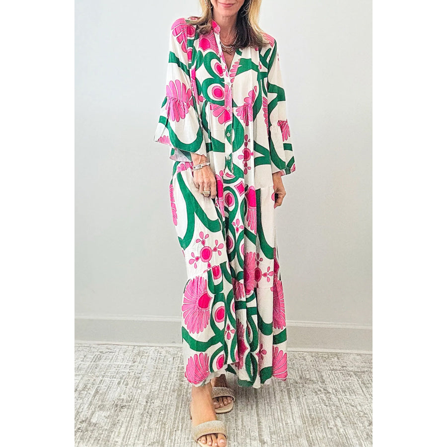 Printed Notched Long Sleeve Maxi Dress Pink / S Apparel and Accessories