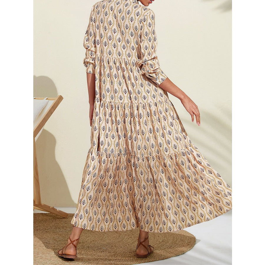 Printed Notched Long Sleeve Midi Dress Apparel and Accessories