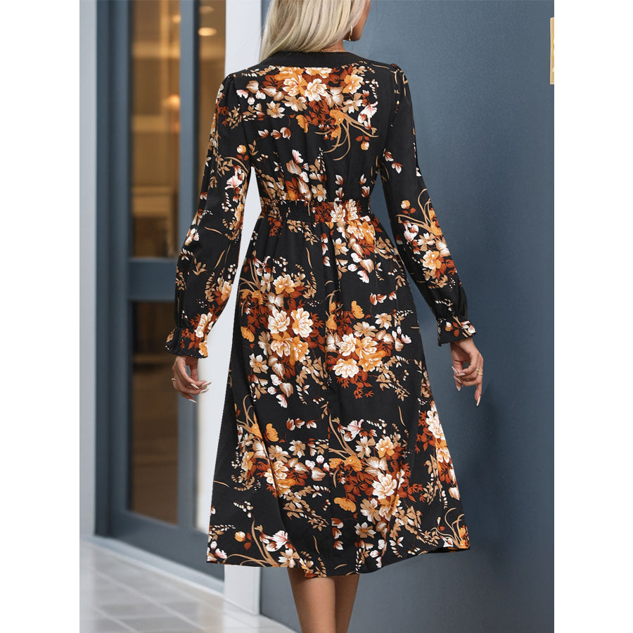 Printed Notched Long Sleeve Midi Dress Black / S Apparel and Accessories