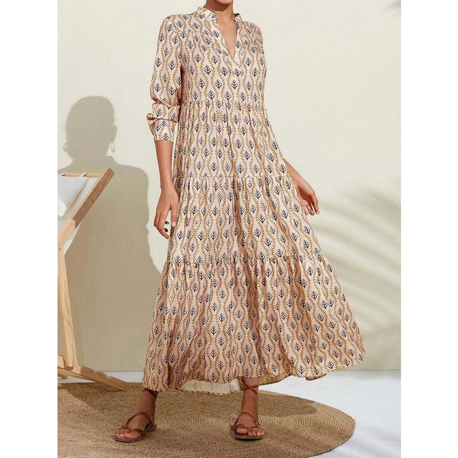 Printed Notched Long Sleeve Midi Dress Apparel and Accessories