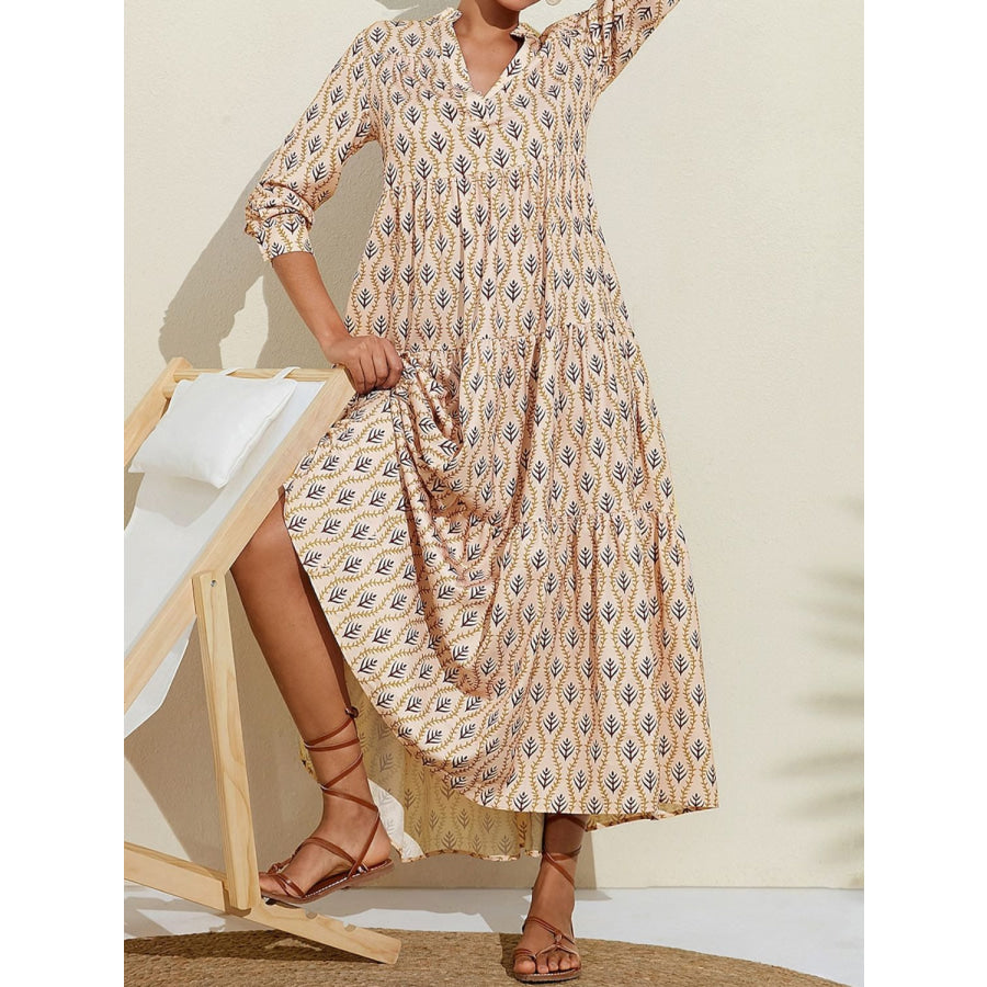 Printed Notched Long Sleeve Midi Dress Apparel and Accessories