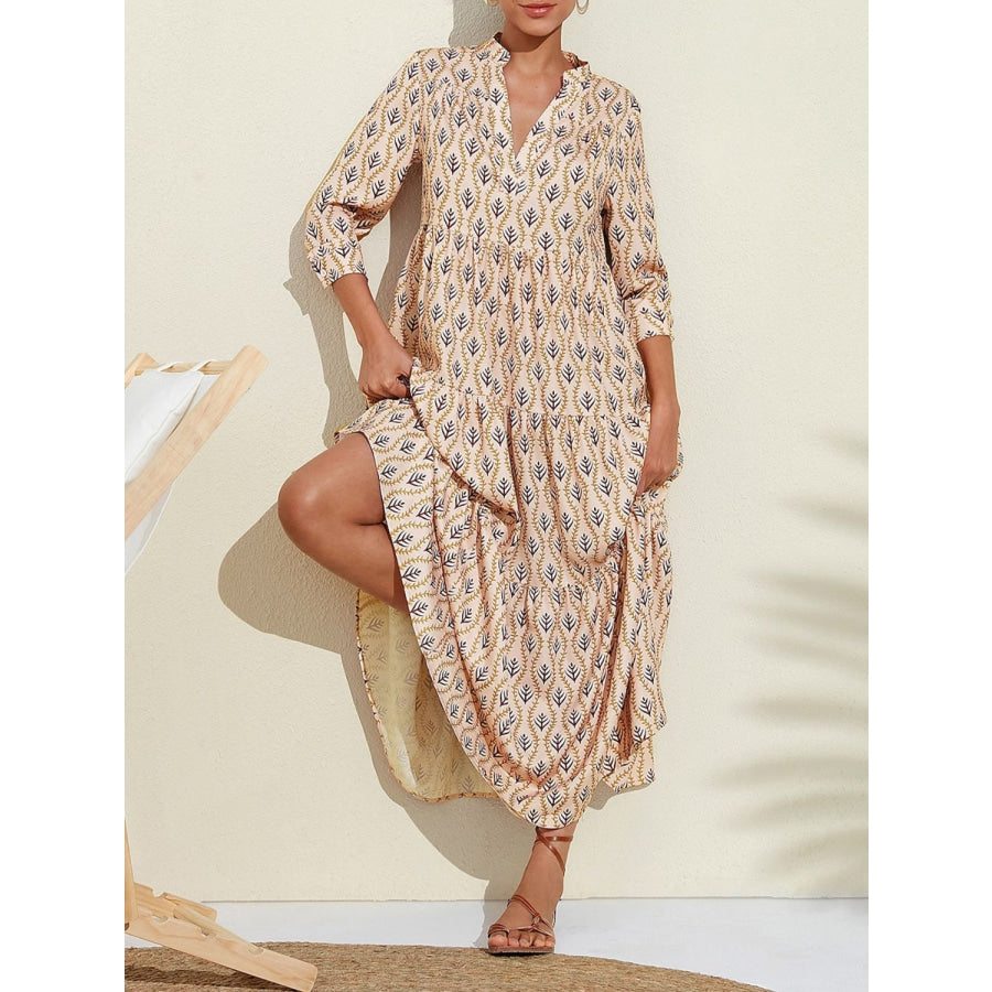 Printed Notched Long Sleeve Midi Dress Apparel and Accessories