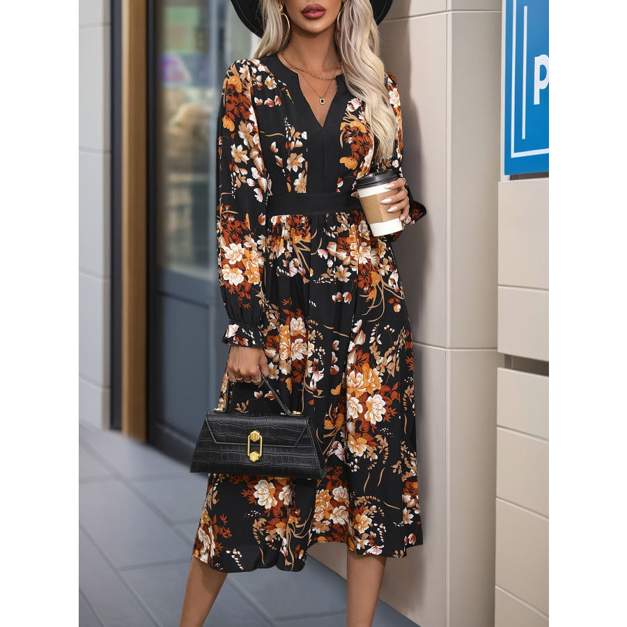 Printed Notched Long Sleeve Midi Dress Black / S Apparel and Accessories