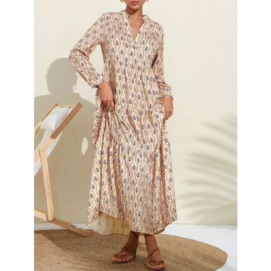 Printed Notched Long Sleeve Midi Dress Tan / S Apparel and Accessories