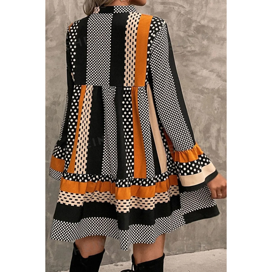 Printed Notched Long Sleeve Mini Dress Apparel and Accessories