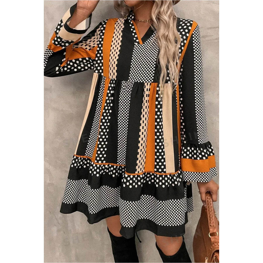 Printed Notched Long Sleeve Mini Dress Orange / S Apparel and Accessories