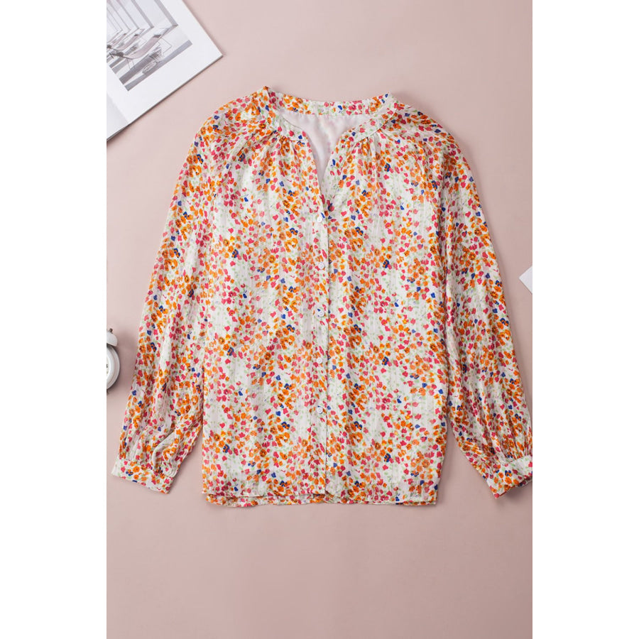 Printed Notched Long Sleeve Shirt Apparel and Accessories