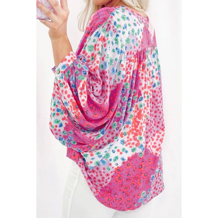 Printed Notched Long Sleeve Shirt Hot Pink / S Apparel and Accessories
