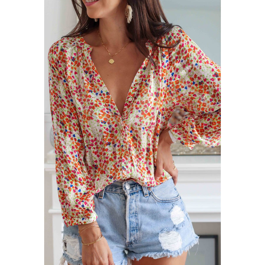 Printed Notched Long Sleeve Shirt Floral / S Apparel and Accessories