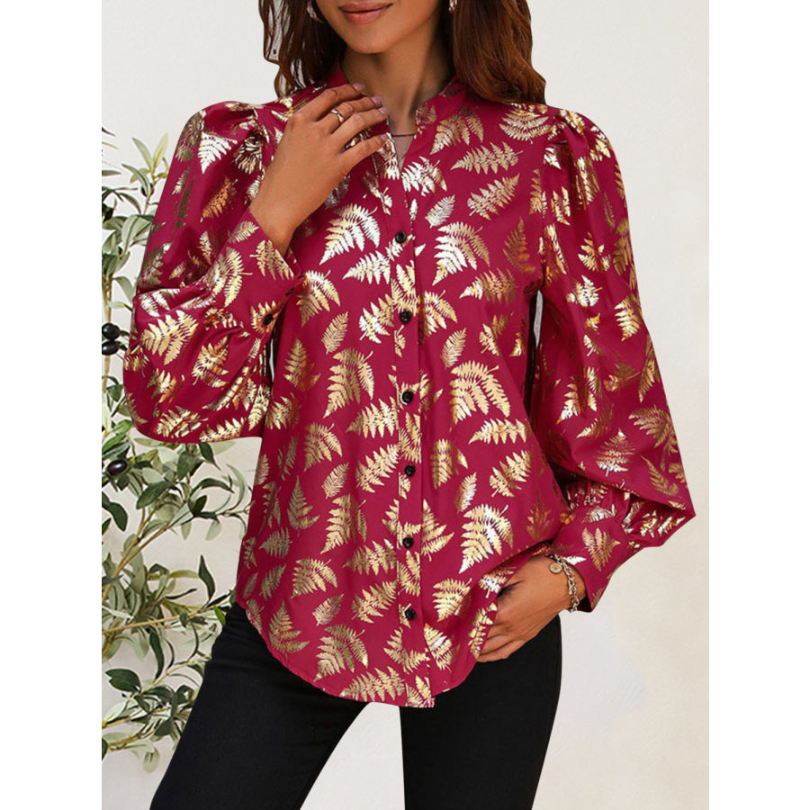 Printed Notched Long Sleeve Shirt Apparel and Accessories