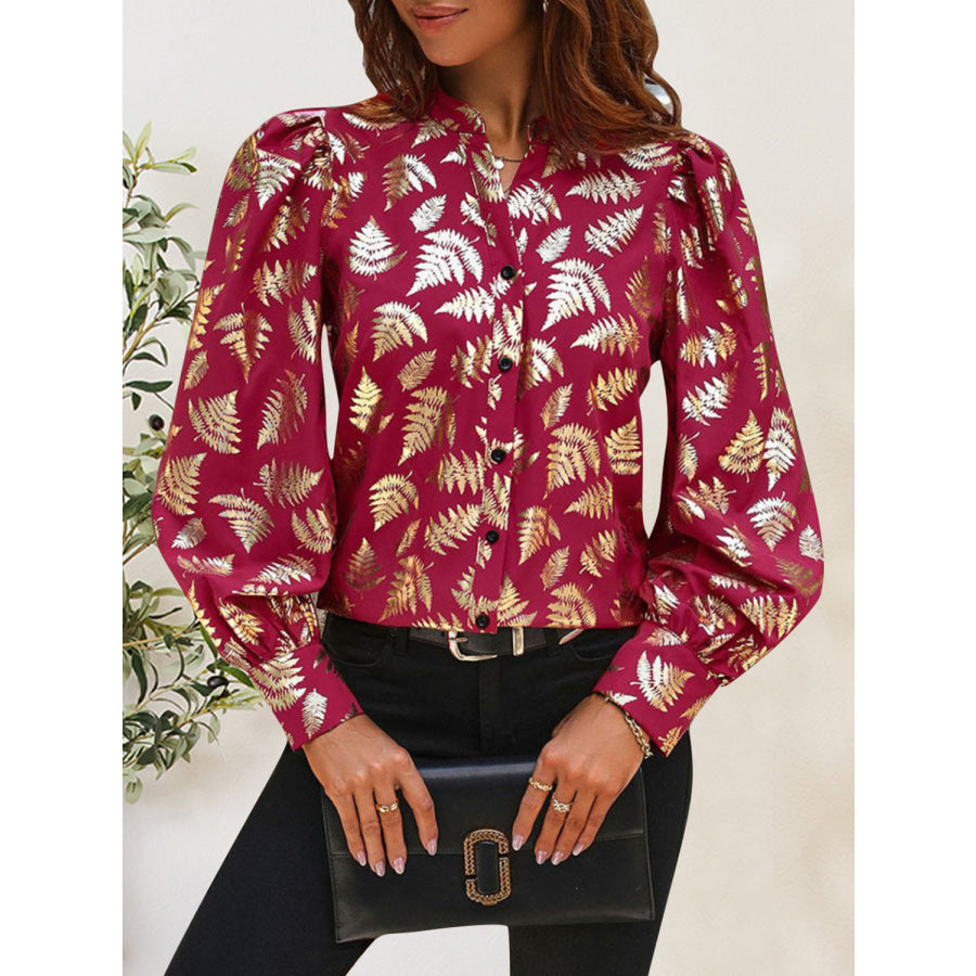 Printed Notched Long Sleeve Shirt Apparel and Accessories