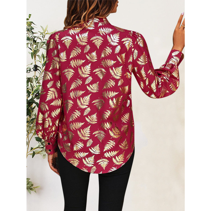 Printed Notched Long Sleeve Shirt Burgundy / S Apparel and Accessories