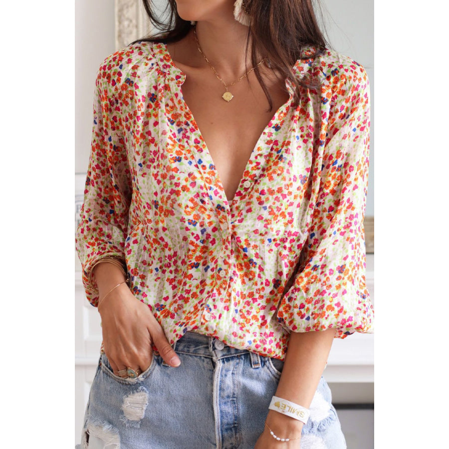 Printed Notched Long Sleeve Shirt Floral / S Apparel and Accessories