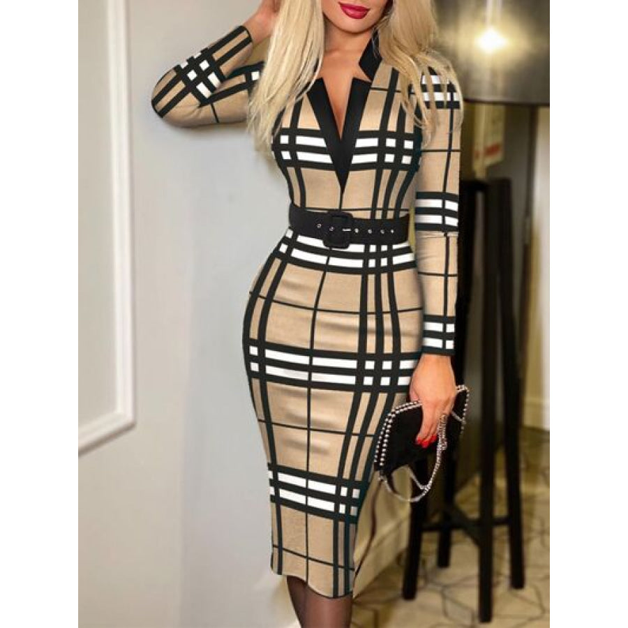 Printed Notched Long Sleeve Wrap Dress Apparel and Accessories