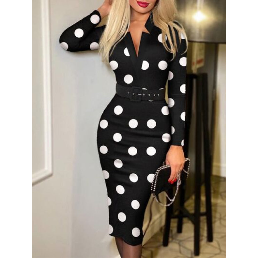 Printed Notched Long Sleeve Wrap Dress Apparel and Accessories