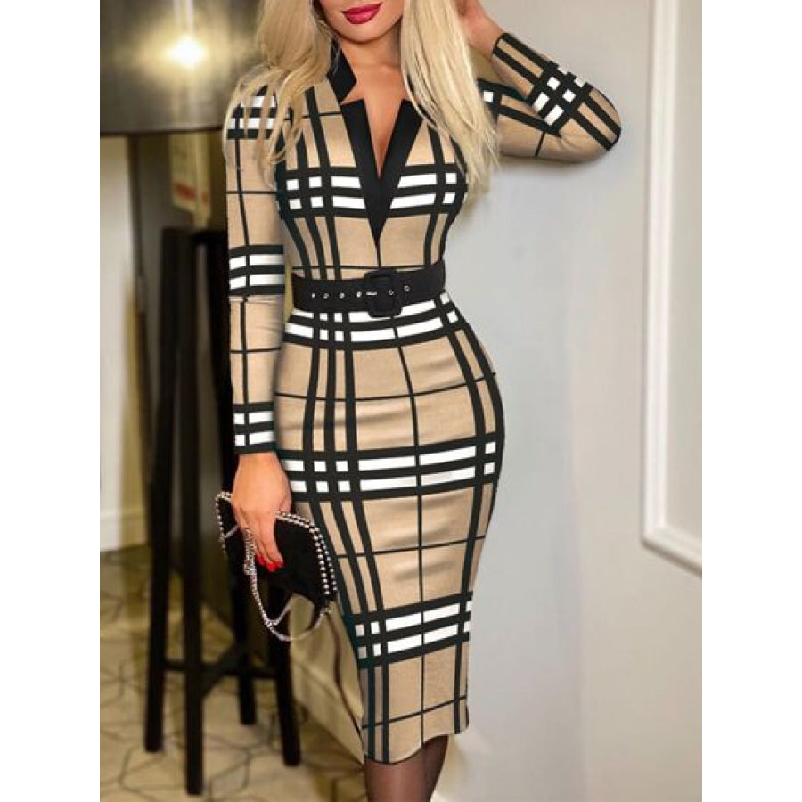 Printed Notched Long Sleeve Wrap Dress Tan / S Apparel and Accessories