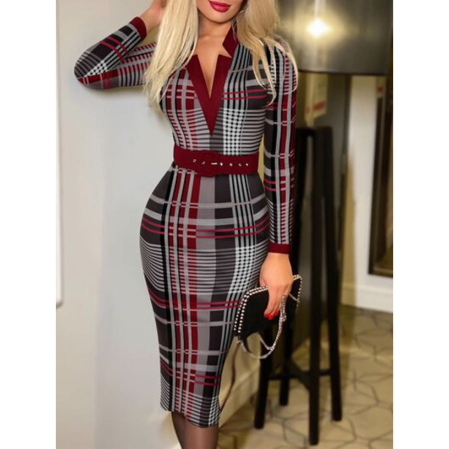 Printed Notched Long Sleeve Wrap Dress Wine / S Apparel and Accessories