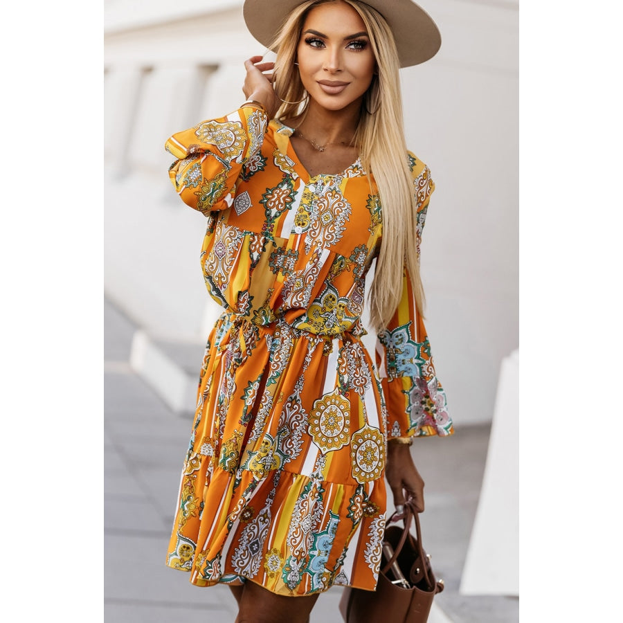 Printed Notched Neck Flounce Sleeve Dress Tangerine / S