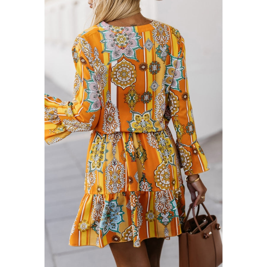 Printed Notched Neck Flounce Sleeve Dress